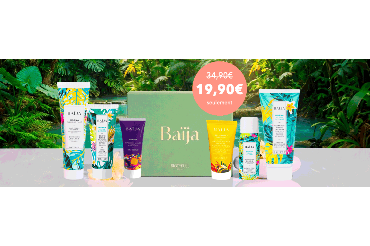 Biotyfull Box édition limitée 100% BAÏJA 6 produits MOANA Fleur de Tiaré masque visage banane crème mains gommage lait corps pailleté exfoliant valeur 78 euros pour 19,90 euros mai 2026