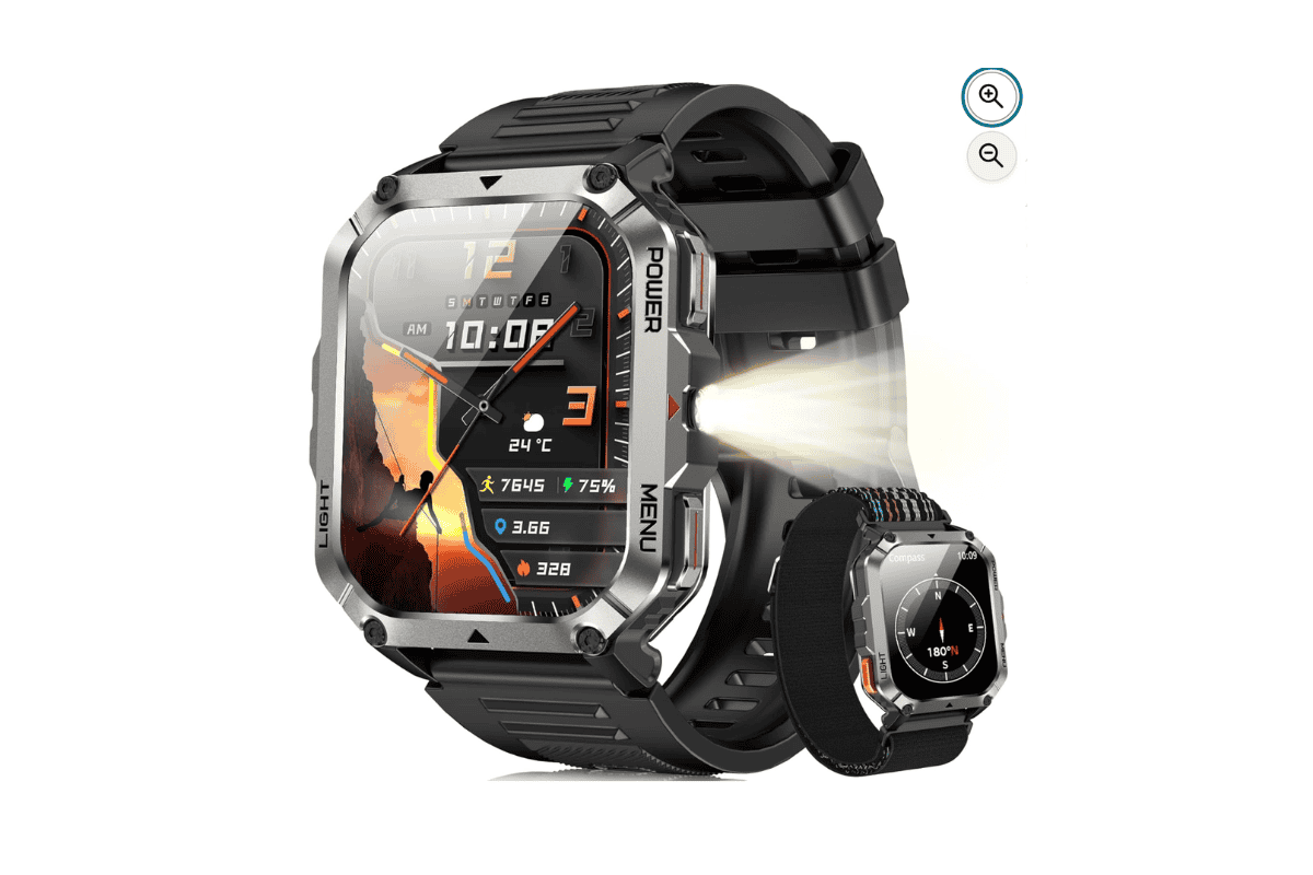 Montre connectée Blackview homme boîtier carré noir bracelet sport écran couleur lampe torche