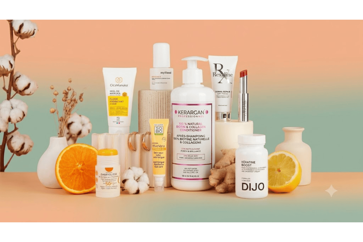 Box Marie Claire Bonne Mine 34,90 € routine éclat 8 produits full size Rexaline Embryolisse myBlend Kerargan Dijo bijou doré NilaÏ