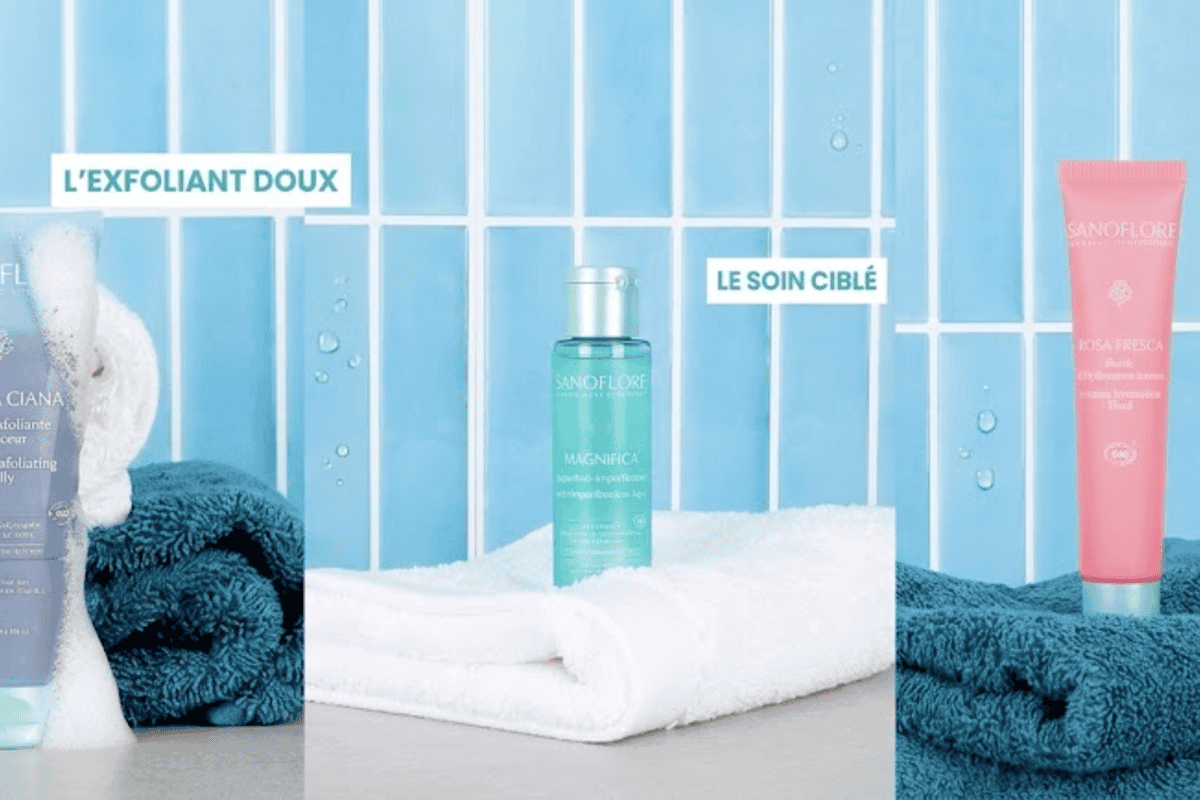 Box Marie Claire × Sanoflore — gelée exfoliante Hydra Ciana, lotion purifiante Aqua Magnifica, fluide hydratation Rosa Fresca