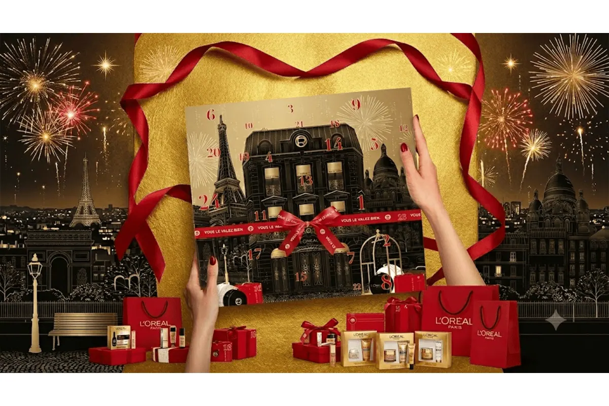 Calendrier de l'Avent L'Oréal Paris ouvert avec mains tenant le coffret aux couleurs de Paris, feux d'artifice et ambiance festive