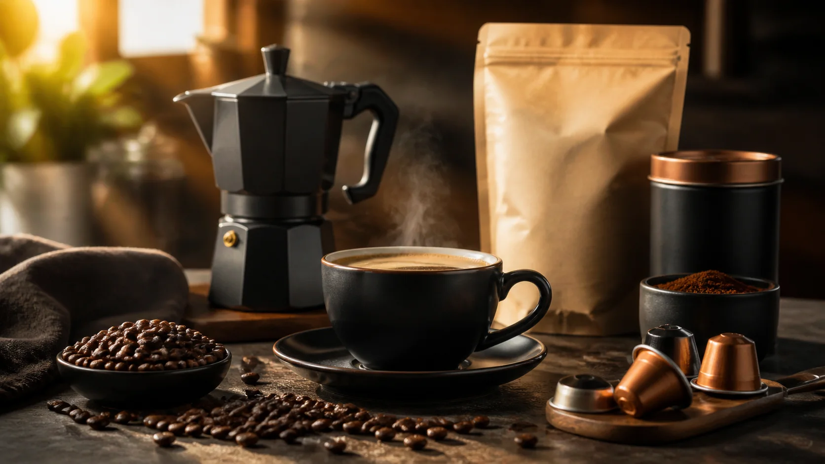 Tasse de café noir, grains torréfiés, capsules et paquet de café sans marque