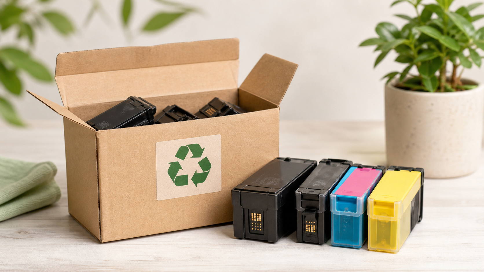 Cartouches d'encre vides placées dans un carton pour être recyclées