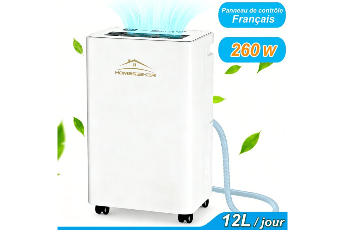 Hom2Seeker Déshumidificateur électrique 12 L/jour, 260 W, 3 modes avec mode sèche-linge (pour 45 m²) Cdiscount 112,99 euros juillet 2026 bon plan