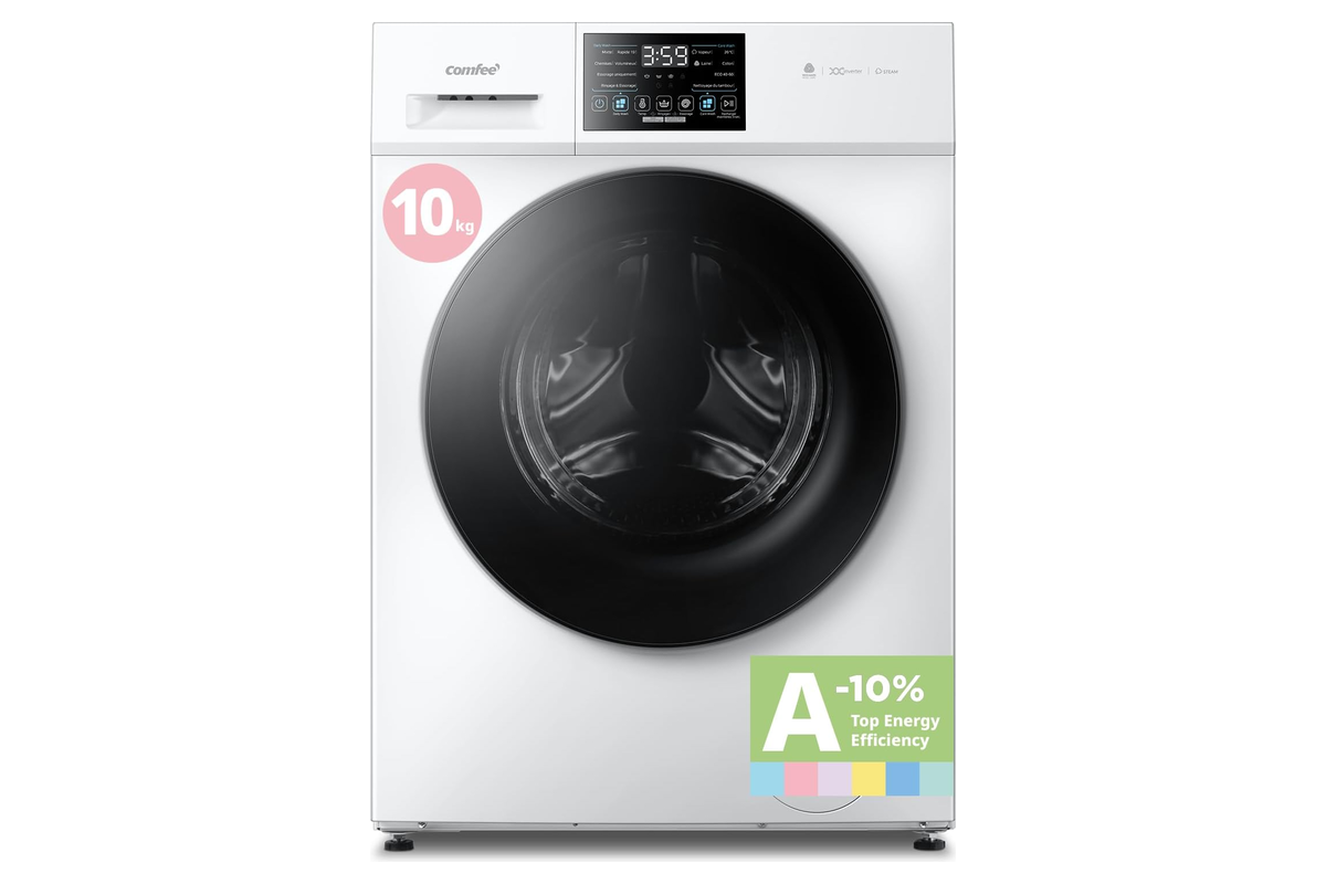 Lave-linge hublot COMFEE' blanc 10 kg, écran digital et classe énergétique A vus de face