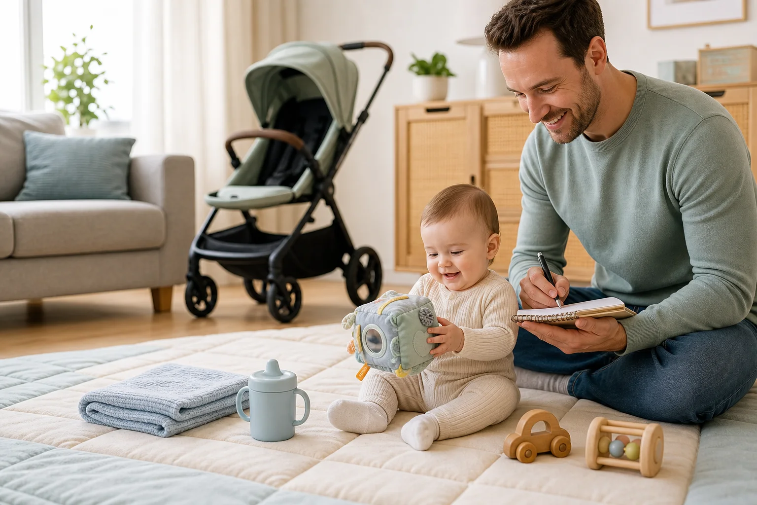 Papa testeur observant son bébé avec des jouets et une poussette de puériculture