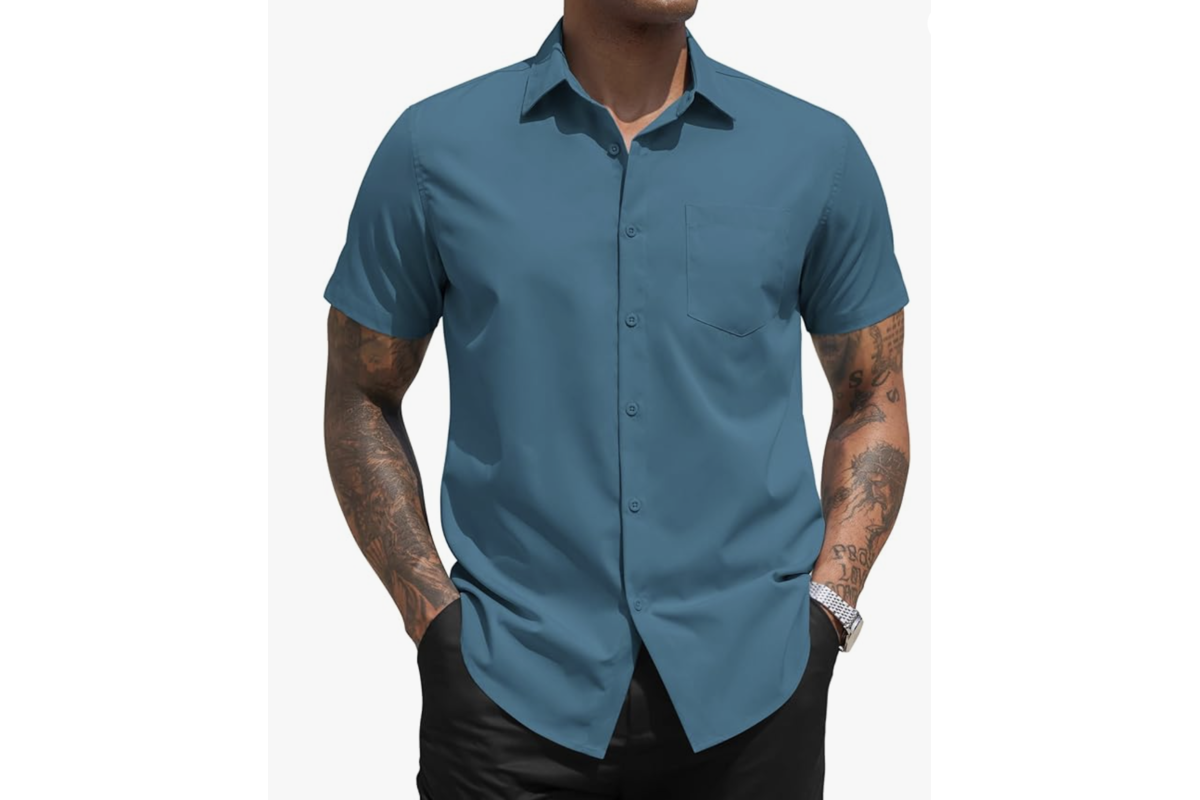 COOFANDY chemise homme manches courtes coloris sarcelle bleu pétrole avec poche