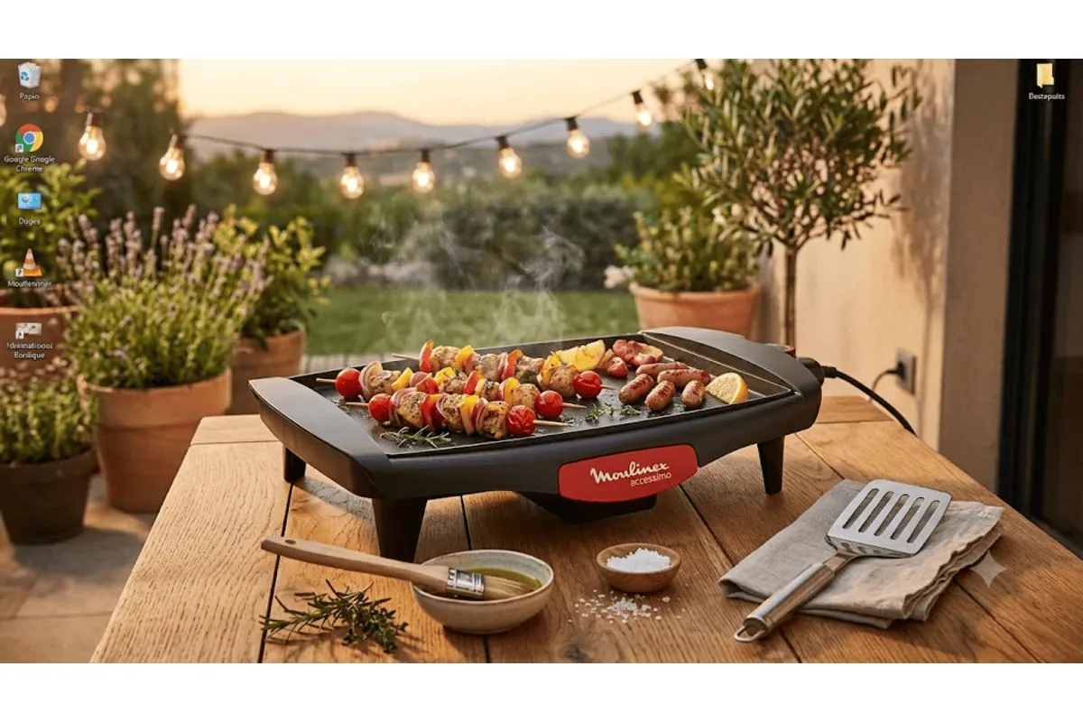 Plancha Moulinex Accessimo noire sur table en bois sur terrasse au coucher du soleil avec brochettes de légumes et merguez en cuisson plein été