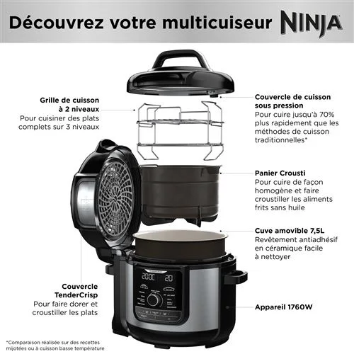 Multicuiseur Ninja Foodi MAX OP500EU avec ses deux couvercles, sa cuve et son panier Crousti