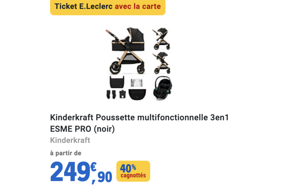 Poussette Kinderkraft ESME PRO 3en1 noir E.Leclerc 249,90€ 40% cagnottés Journée Star Puériculture