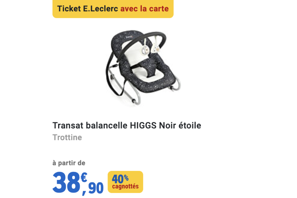 Transat balancelle HIGGS Noir Etoile Trottine E.Leclerc 38,90€ 40% cagnottés Journée Star Puériculture