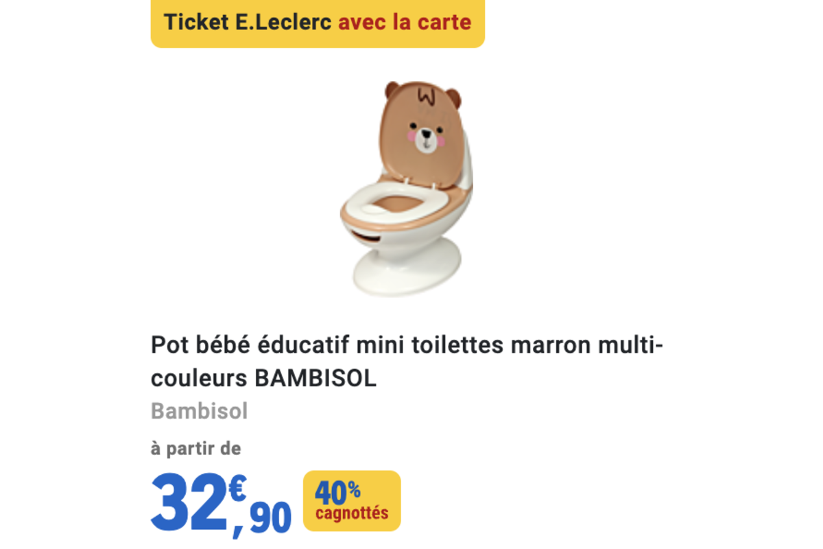 Pot bébé éducatif mini toilettes Bambisol marron E.Leclerc 32,90€ 40% cagnottés Journée Star Puériculture