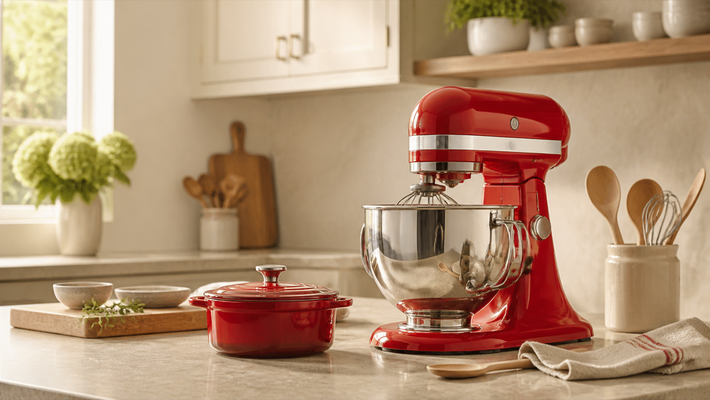 Robot pâtissier rouge et accessoires de cuisson dans une cuisine lumineuse