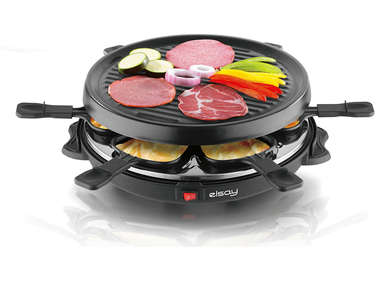 Appareil à raclette grill Elsay noir avec six coupelles vendu chez E.Leclerc
