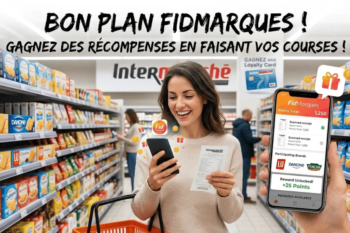 Bon plan FidMarques : gagnez des récompenses en faisant vos courses — scan de ticket Intermarché avec points et reward unlocked +25 points dans l'appli FidMarques