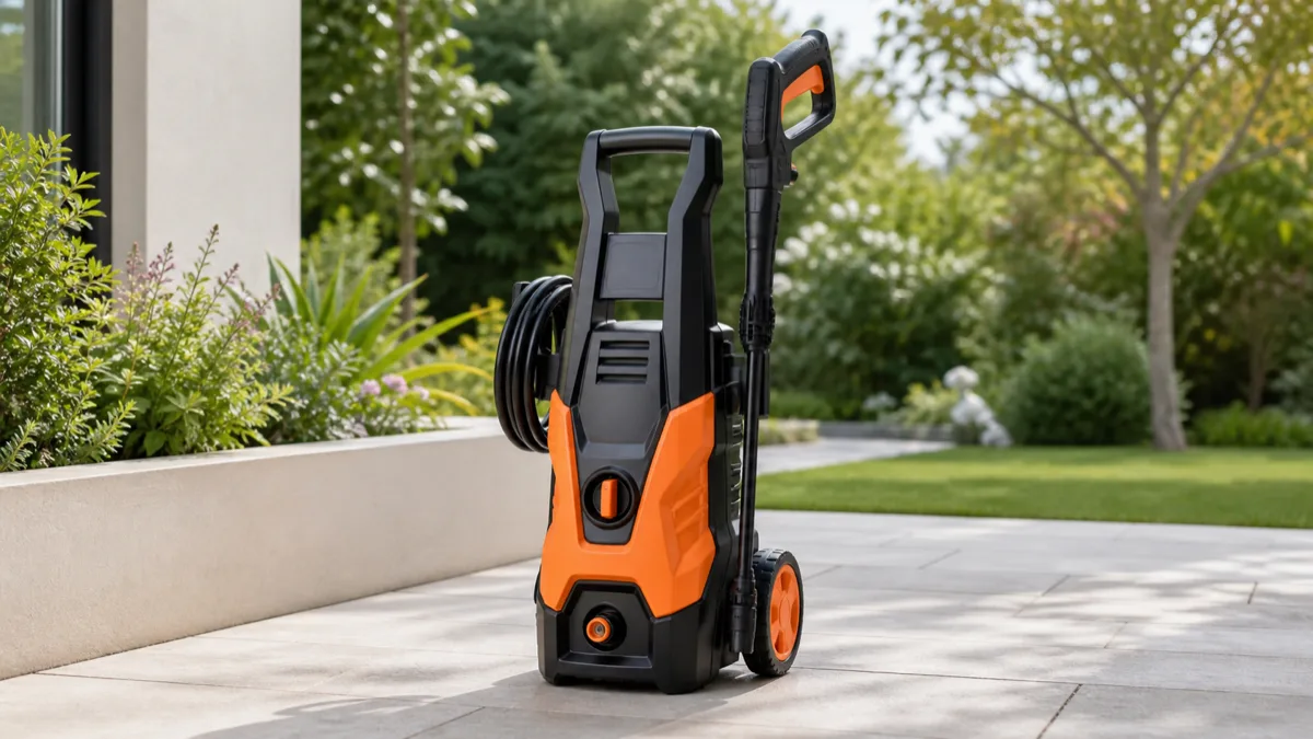 Nettoyeur haute pression noir et orange avec flexible et lance sur une terrasse près d'un jardin