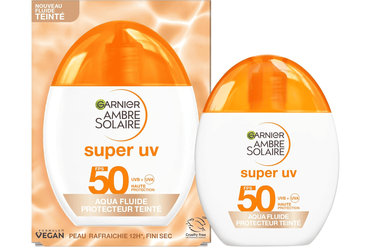 Garnier Ambre Solaire acide hyaluronique aqua fluide teinte SPF 50 fluide solaire teinte unifie protege lisse hydrate legere non grasse visage