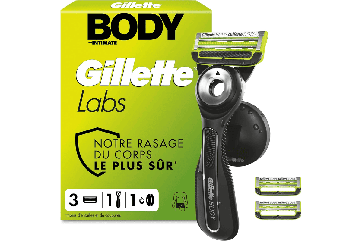 Gillette Labs Body Intimate rasoir intime homme 3 cartouches noir lames barre anti traction corps pubis rasage doux precis