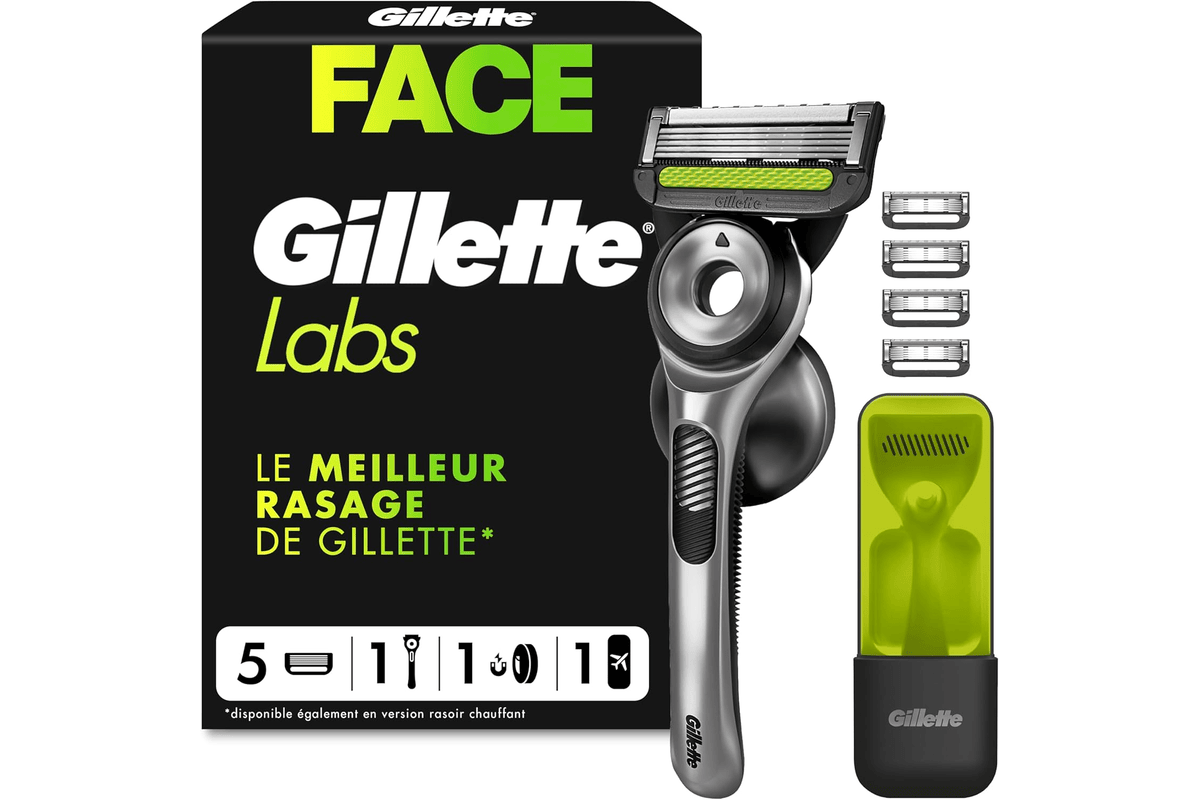 Gillette Labs rasoir barre exfoliante manche métal 5 cartouches recharges étui voyage support magnétique 34,90 euros