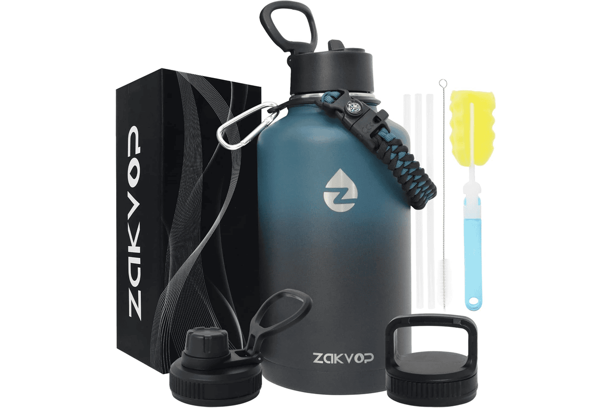 Gourde isotherme 2L bouteille inox avec pailles et 3 couvercles interchangeables pochette transport sport randonnée plage