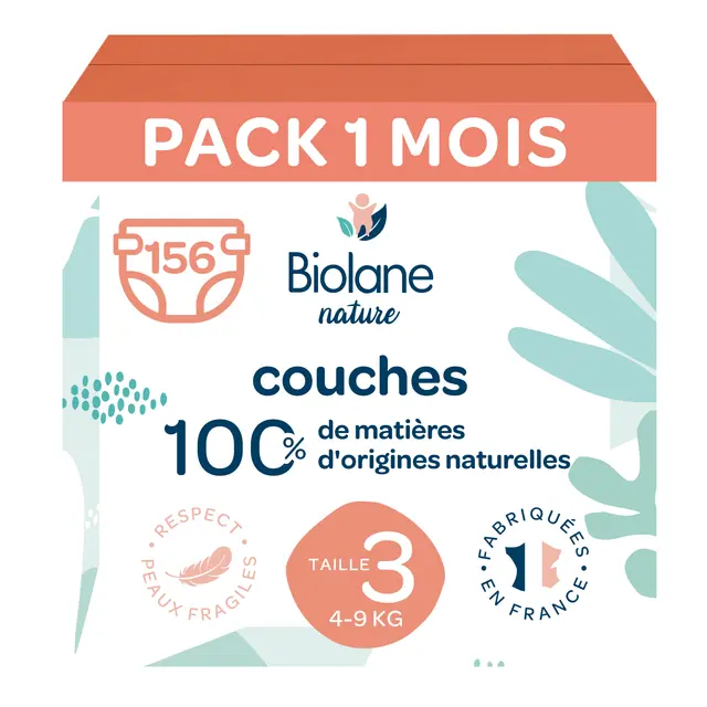 Pack Biolane Nature de 156 couches bébé taille 3