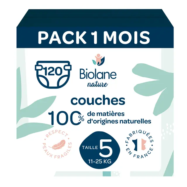 Pack mensuel Biolane Nature de 120 couches taille 5