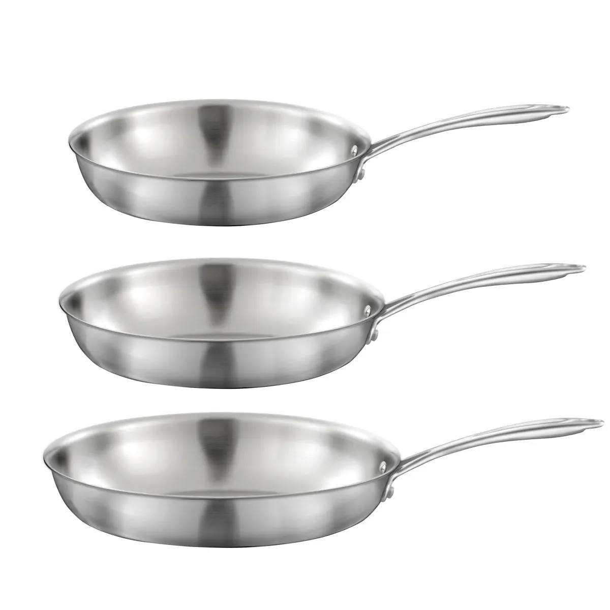 Lot de trois poêles inox Cuisinox Gourmet 24 28 et 32 cm à 119,99 euros chez Greenweez
