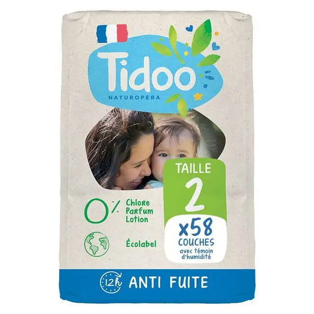 Paquet Tidoo de 58 couches hypoallergéniques taille 2