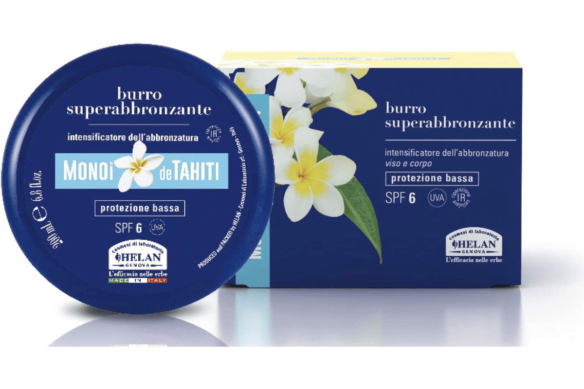 Helan monoi de tahiti creme solaire visage corps SPF 6 beurre solaire accelerateur bronzage hale intense parfum tropical