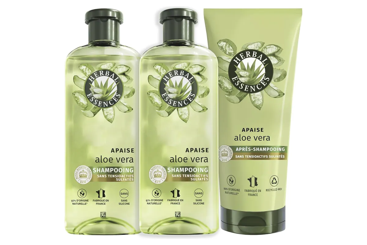 Le lot Herbal Essences Apaise aloe vera : deux flacons de shampoing 250 ml et un tube d'après-shampoing 200 ml