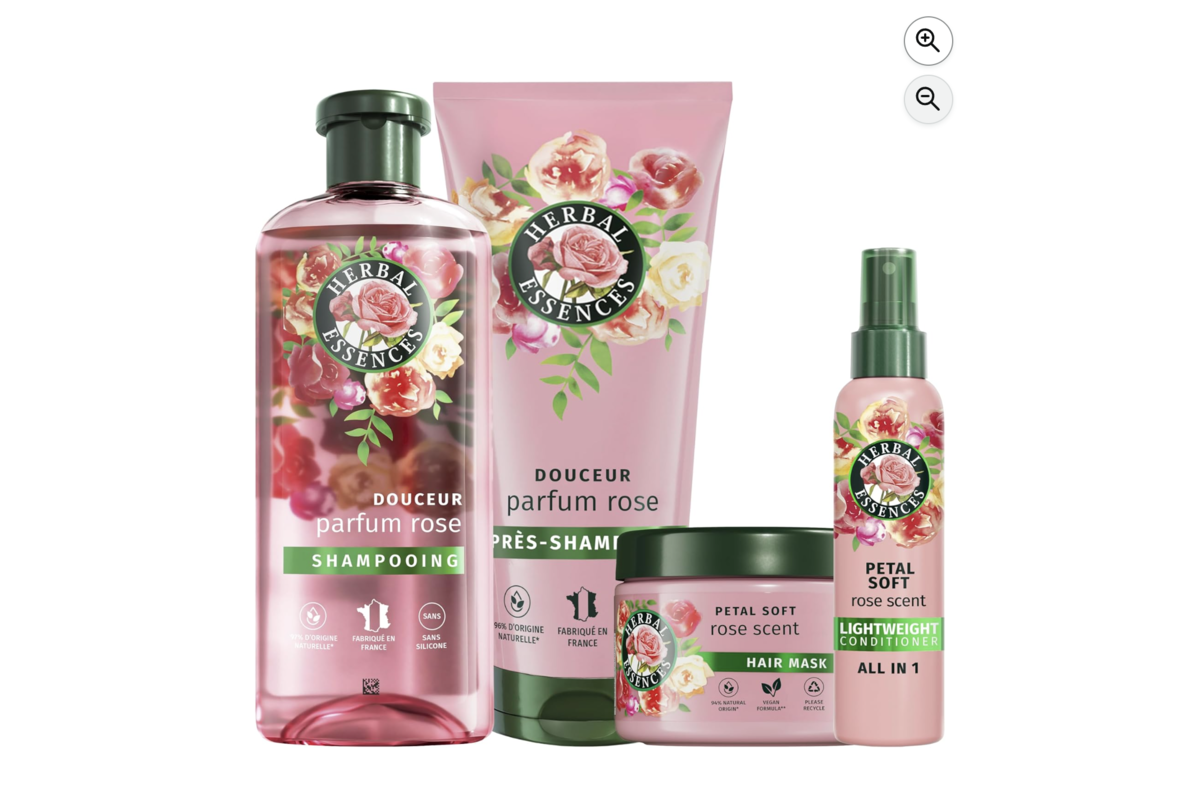 Herbal Essences routine Douceur Rose 4 produits cheveux secs essence de rose