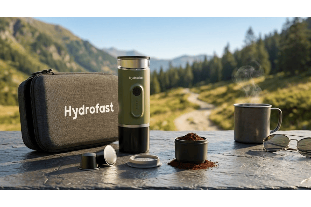 Hydrofast PO-100 machine à expresso portable électrique 15 bars 2 en 1 vert kaki batterie 7800 mAh power bank café moulu capsules housse transport montagne camping randonnée