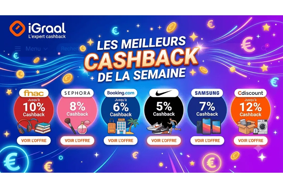 iGraal meilleurs cashback semaine Cdiscount 12 % Fnac 10 % Sephora 8 % Samsung 7 % Booking 6 % Nike 5 %
