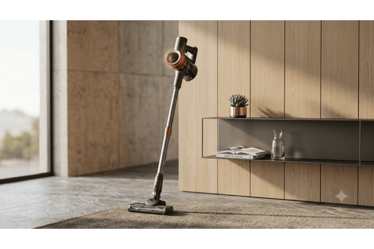 JIGOO C200 aspirateur sans fil 350 W 23 kPa balai gris rouge dans salon design moderne sol carrelage et tapis 6 batteries amovibles brosse polyvalente anti-emmêlement