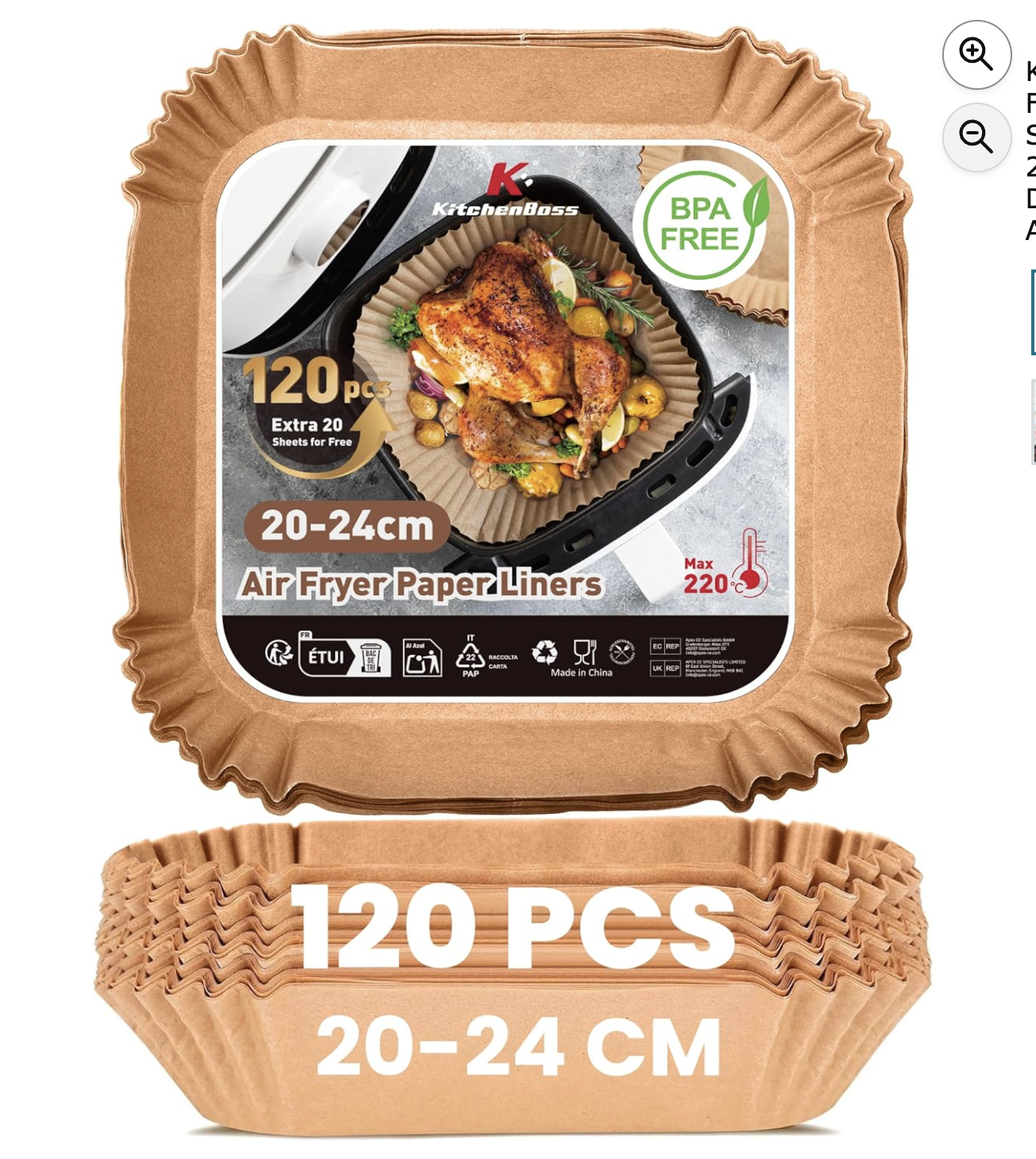 KitchenBoss 120 papiers Air Fryer carrés 20-24 cm BPA Free