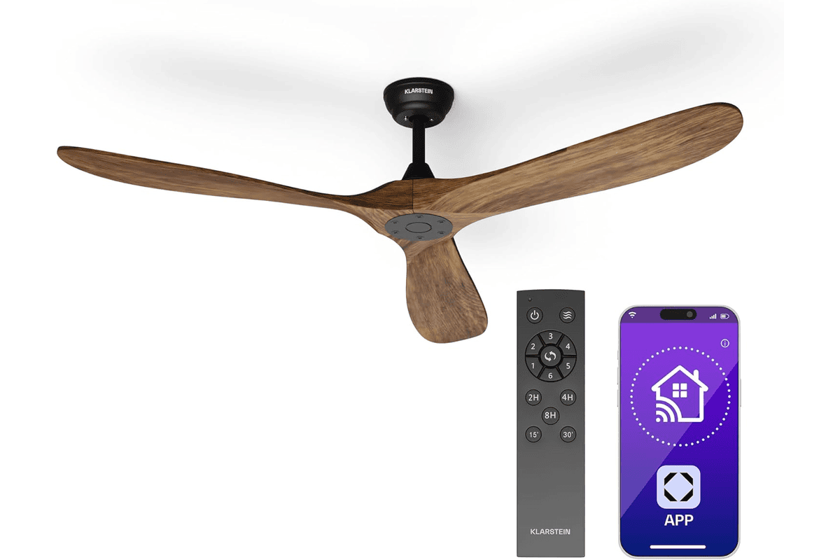 Klarstein ventilateur plafond bois silencieux télécommande smart 152 cm 6 vitesses fonction été hiver IoT 195,54 € Amazon