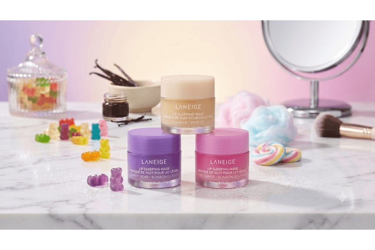 LANEIGE Lip Sleeping Mask 3 versions Vanille Vanilla Gummy Bear Bonbon Ourson Sweet Candy Bonbon Gourmand pots beige violet rose marbre déco oursons gélifiés sucette miroir doré YesStyle K-beauty