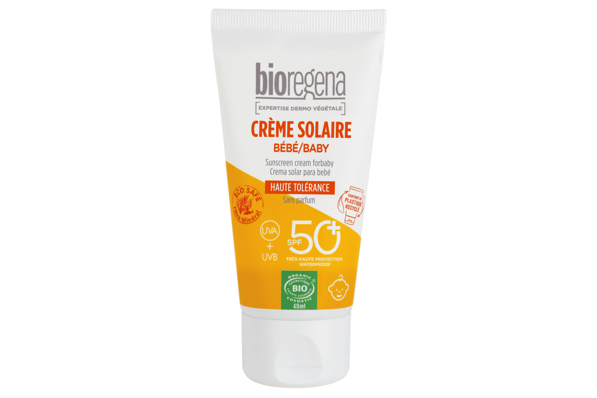 Crème solaire bébé Bioregena SPF50 Bioregena bio Léa Nature made in France soldes -40 pourcent à 10,2 euros au lieu de 17 euros juillet 2026