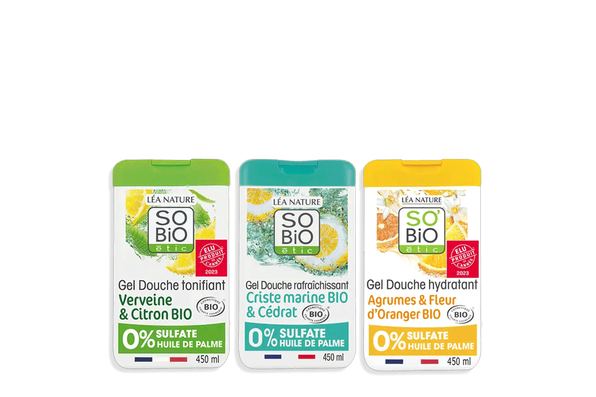 Kit 3 gels douche So Bio Etic So Bio Etic bio Léa Nature made in France soldes -15 pourcent à 15 euros au lieu de 17,6 euros juillet 2026