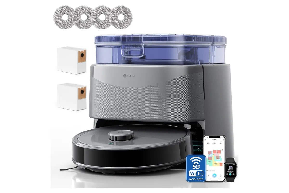 Robot aspirateur laveur Lefant M3Ultra noir sur sa station d'auto-nettoyage blanche, avec ses lingettes de rechange et l'application mobile