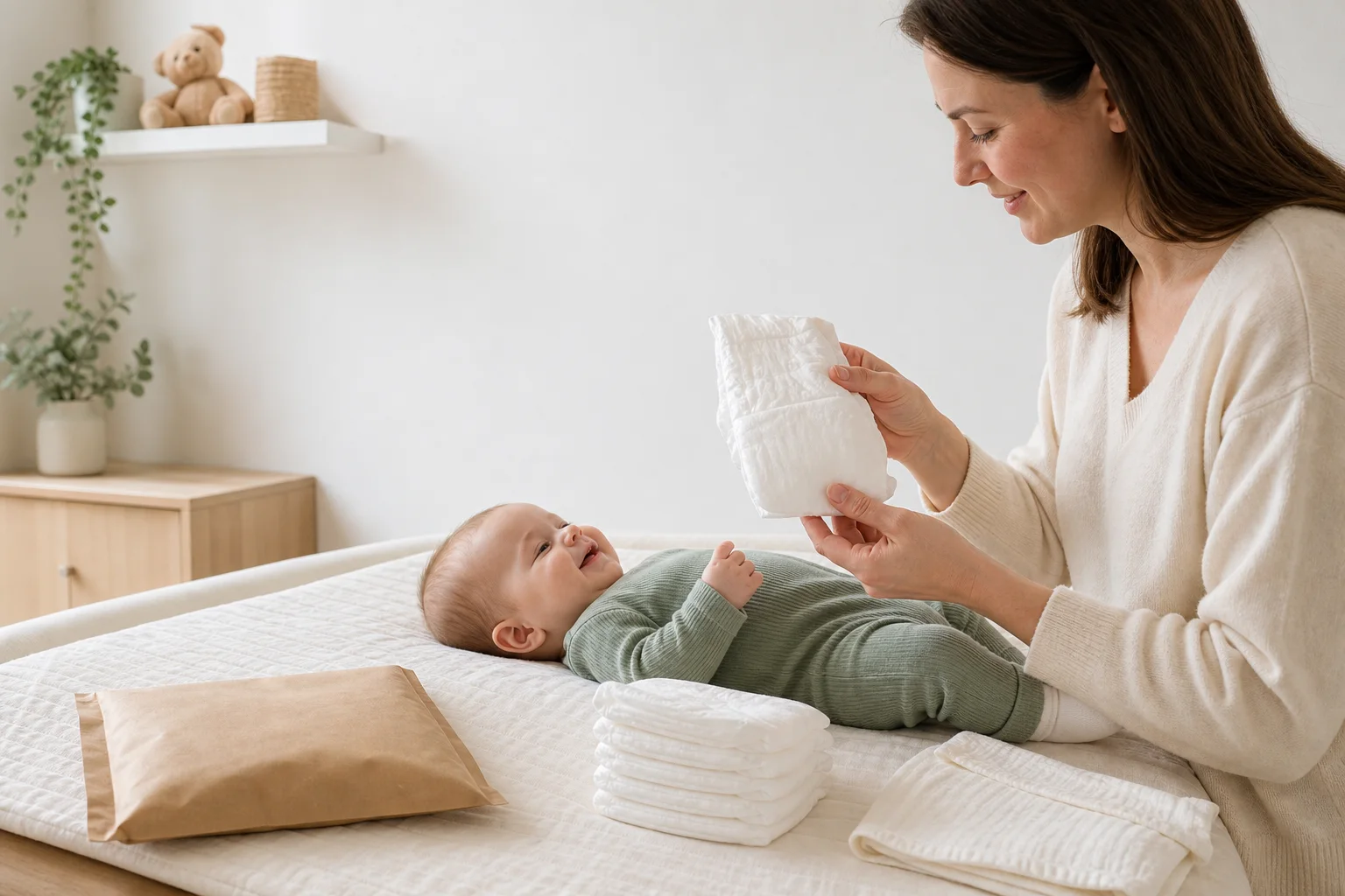 Maman découvrant un kit d'essai de six couches avec son bébé habillé et installé en sécurité