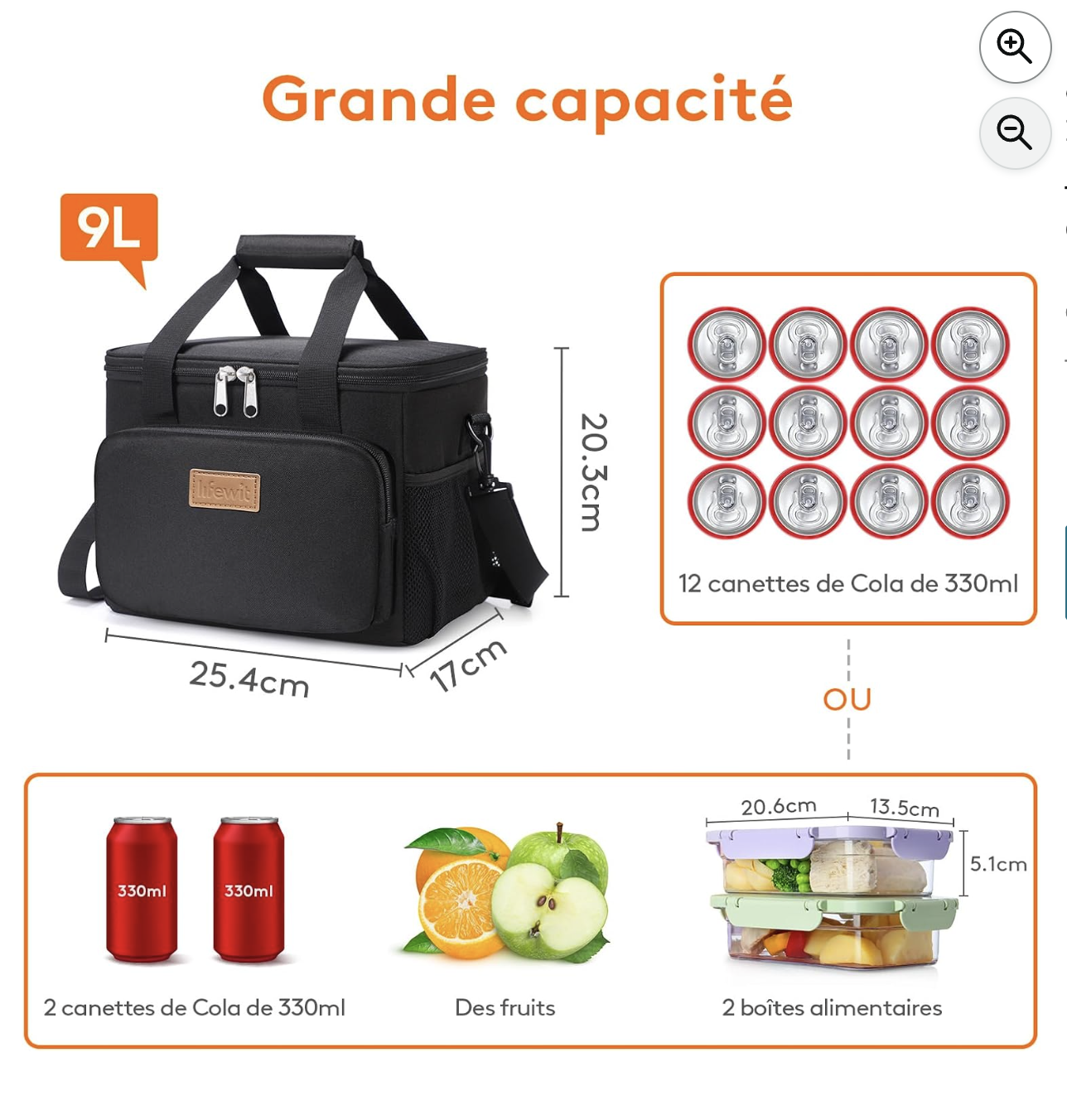 Lifewit 9L : 12 canettes ou 2 boîtes alimentaires + fruits + boissons