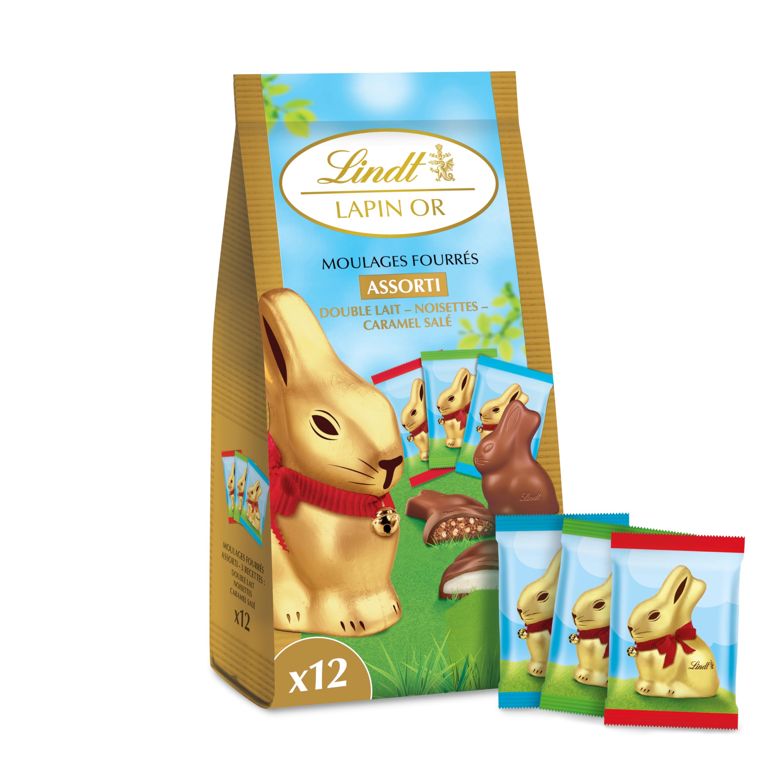 Sachet Lindt Lapin Or avec douze chocolats fourrés assortis