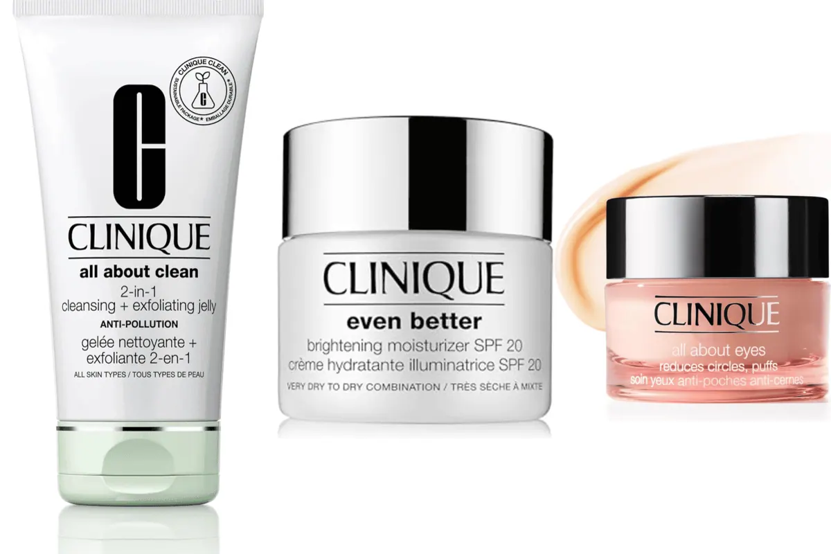 Trois soins Clinique : gelée nettoyante All About Clean, crème hydratante Even Better SPF 20 et soin contour des yeux All About Eyes
