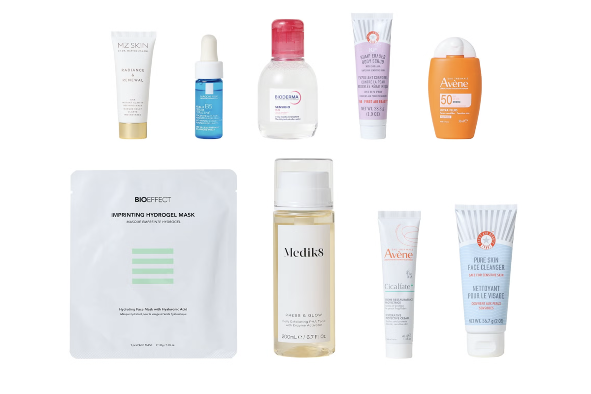 Détail 9 produits coffret Lookfantastic Derma Skin Edit MZ Skin Bioderma First Aid Beauty Avène Medik8 La Roche-Posay Bioeffect