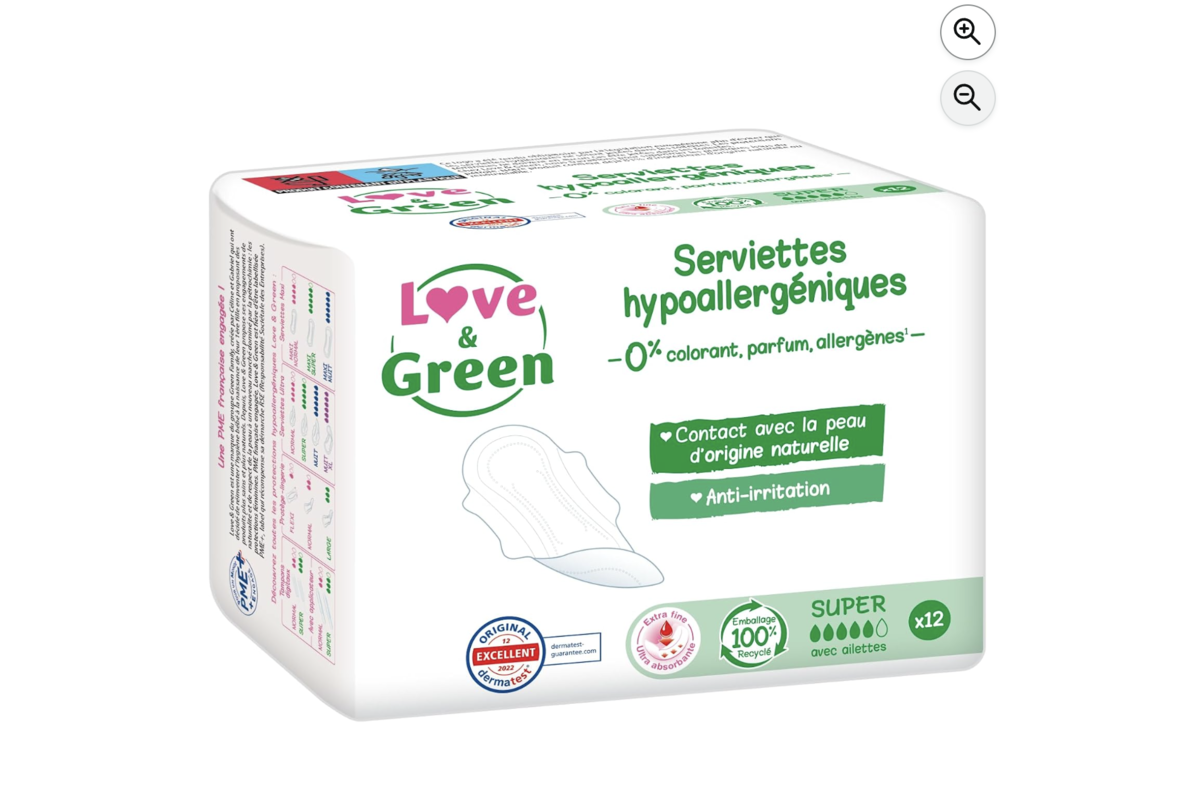Love & Green serviettes hygiéniques Super x12 écologiques hypoallergéniques certifiées Ecolabel