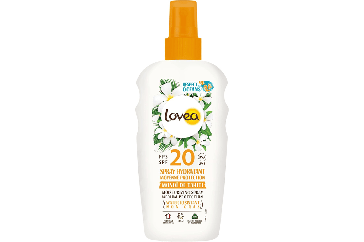 Lovea spray hydratant FPS 20 protection solaire visage corps monoi de tahiti UVA UVB ete parfum tropical hydratation