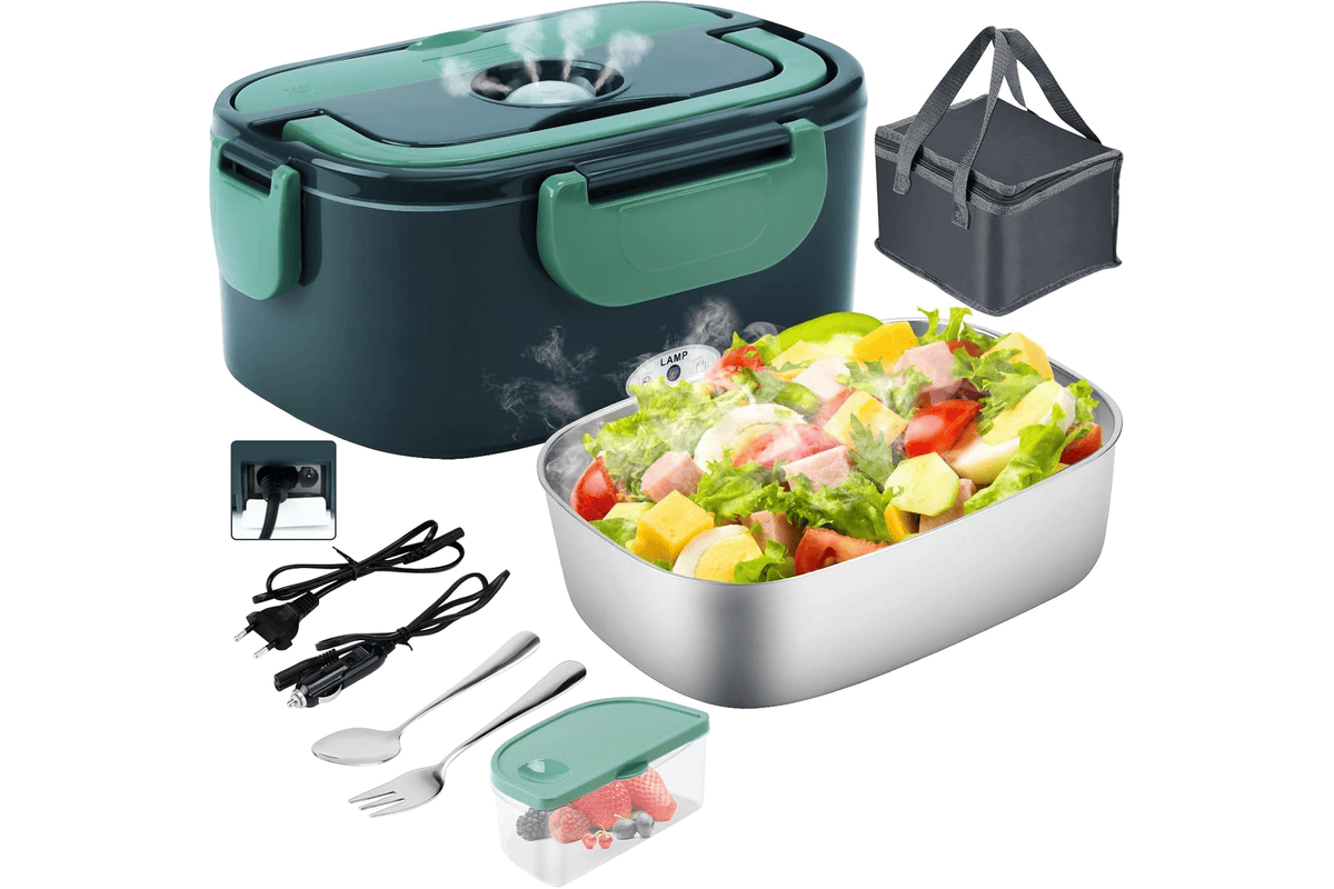 Lunch box chauffante électrique 4 en 1 12V 24V 220V USB acier inox 1.5L 60W bureau voiture camping