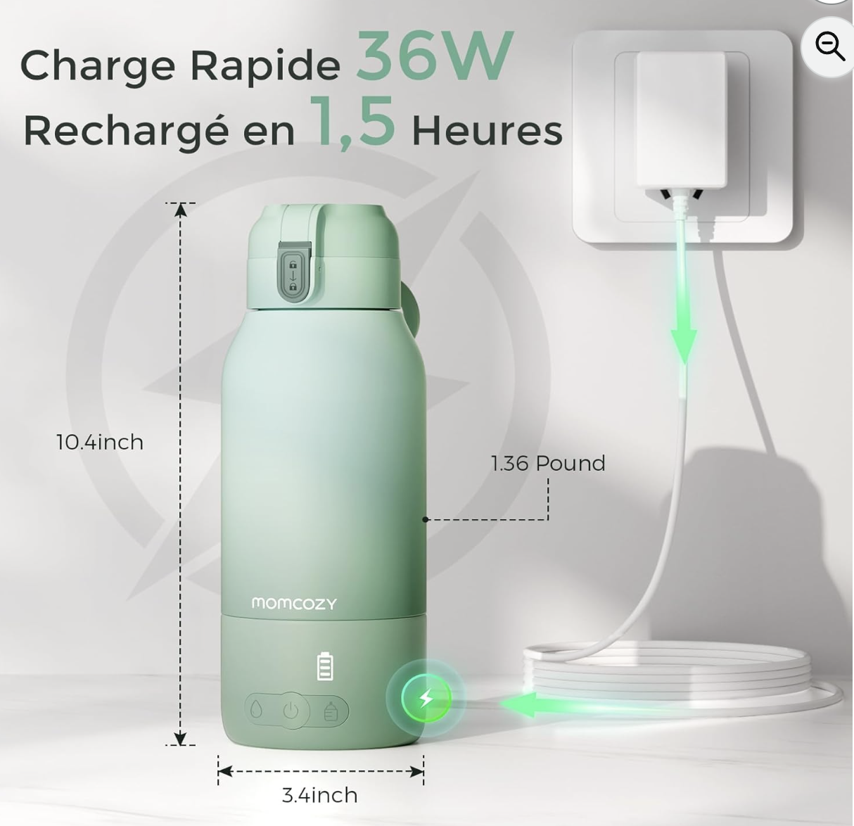 Momcozy : charge rapide 36W en 1h30, dimensions compactes