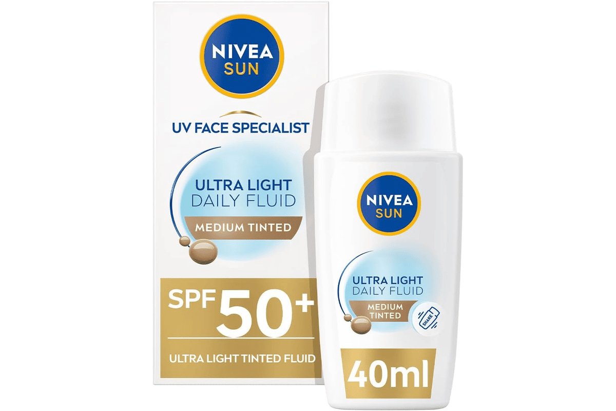 Nivea SUN fluide teinte UV quotidien FPS 50 protection solaire visage hydrate unifie teint acide hyaluronique formule legere medium 40ml